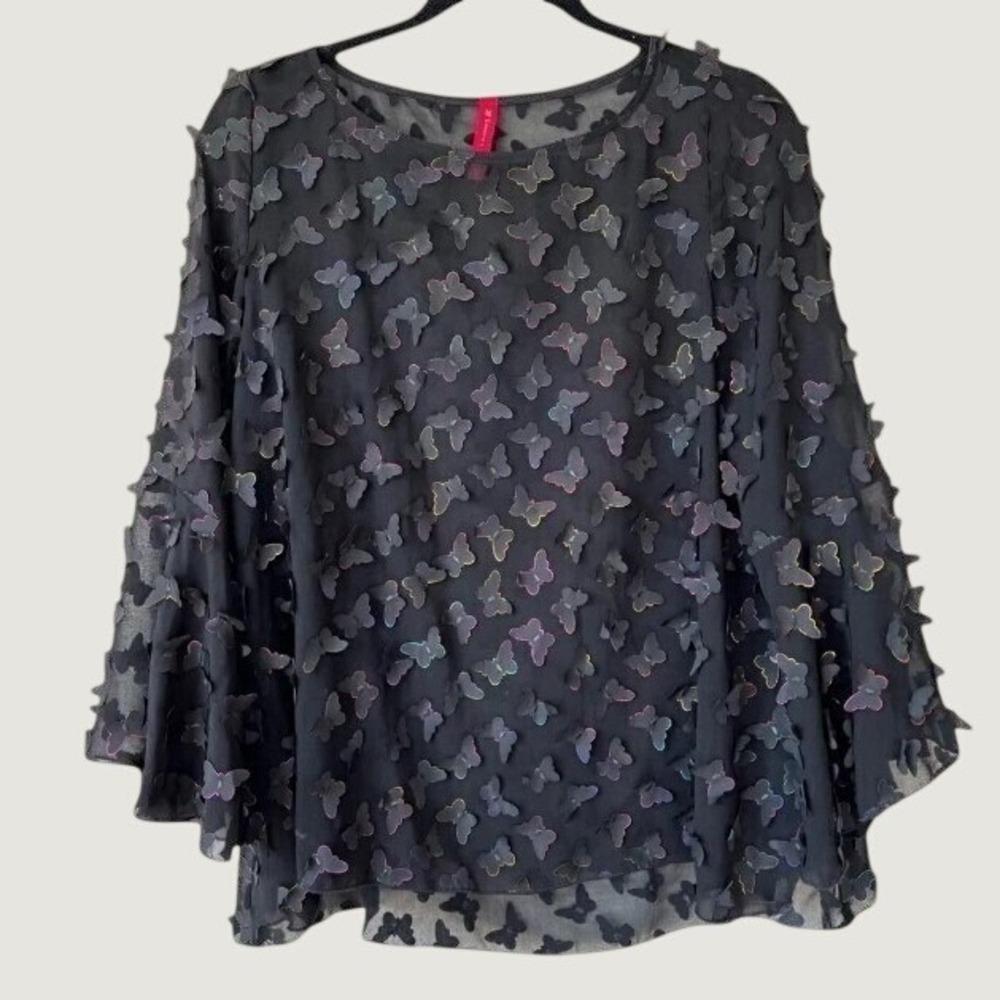 IC by Connie K Butterfly Blouse Womens S Black Sheer 3D Sheer Bell Sleeve